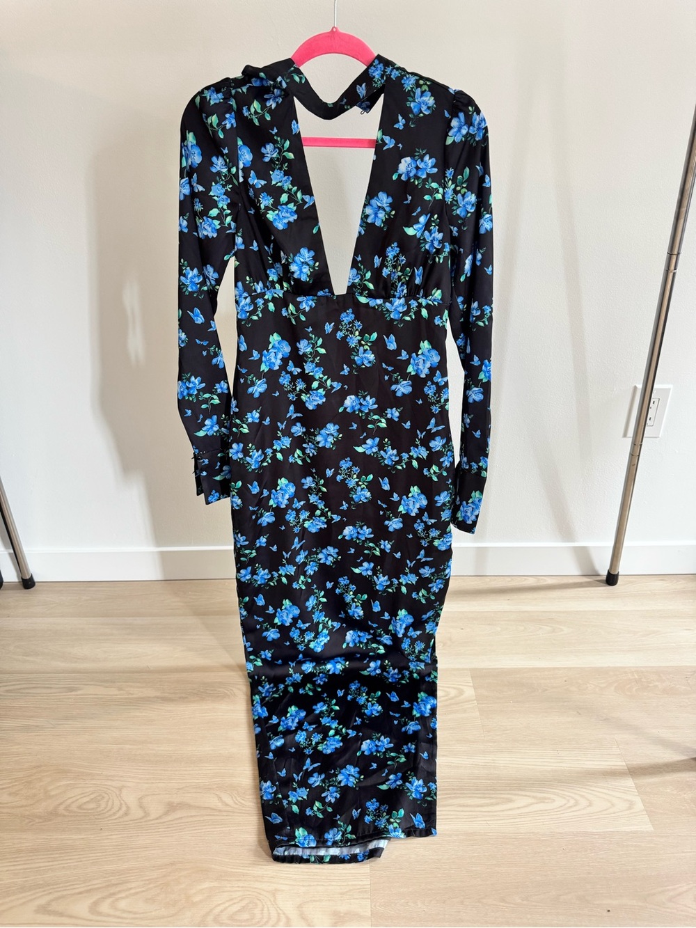 MAJORELLE Black Dress with Blue Floral Print - Long Sleeve